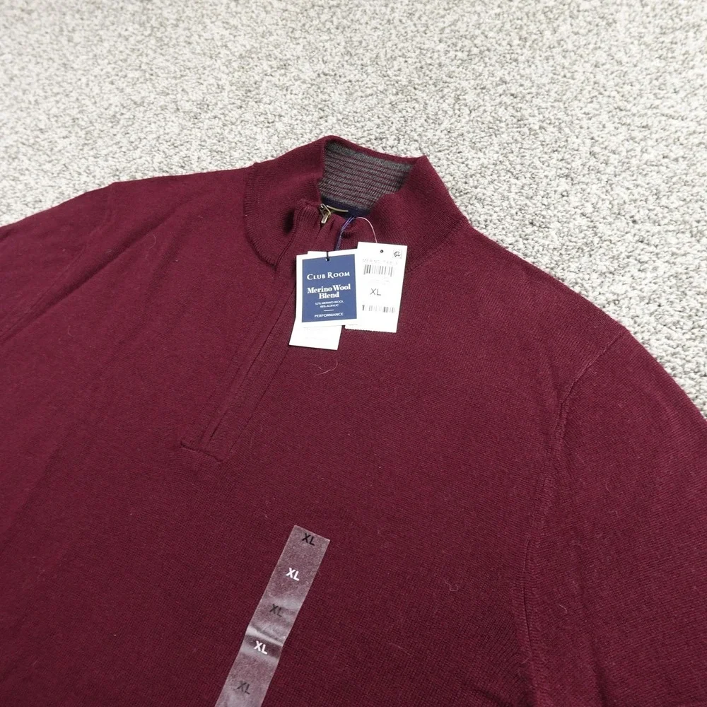 NEW Club Room Sweater Mens XL Red Burgundy Merino Wool Blend 1/4 Zip‎ Pullover